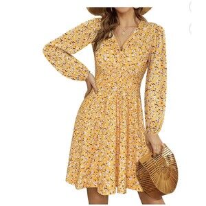 UVN Dress Long Sleeve V Neck A-Line Midi Dress Boho Beach Floral yellow sundress